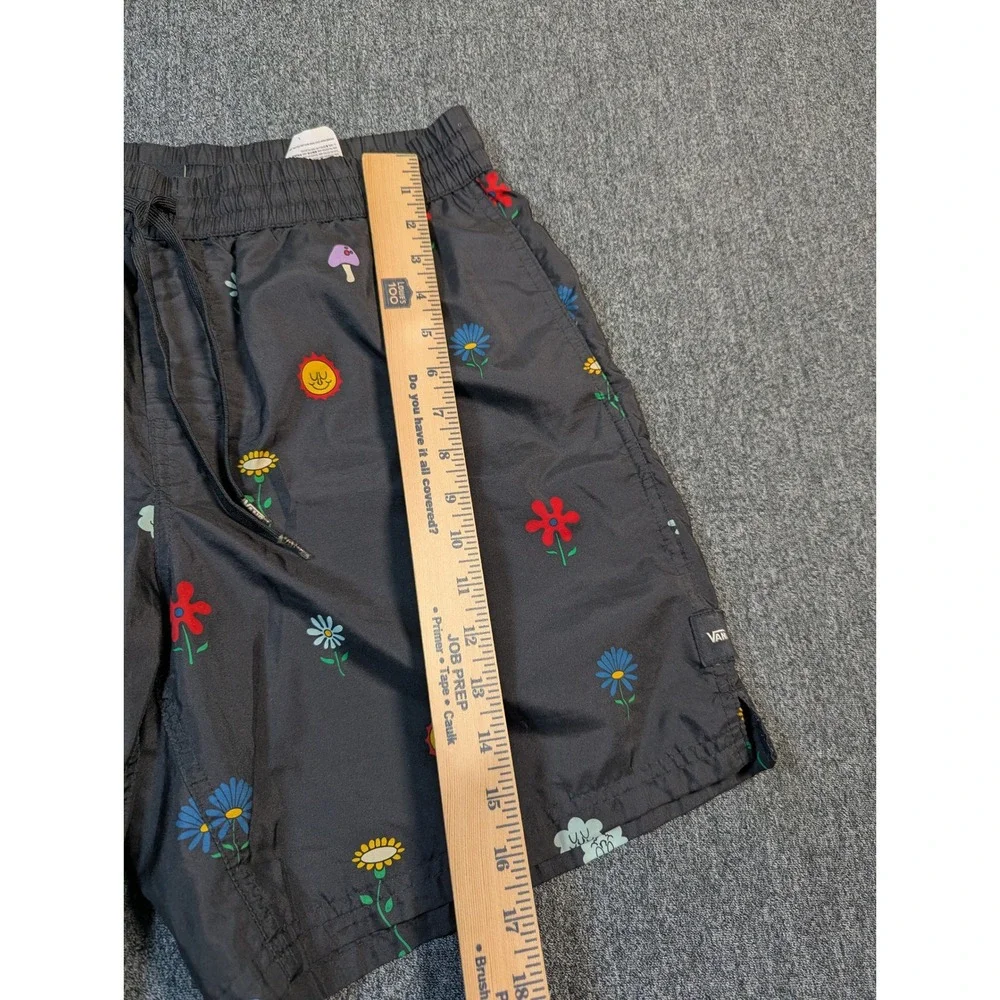 Vans Mens Large Black Mushroom Flower Sun Print Elastic Waist Mesh Lined Shorts